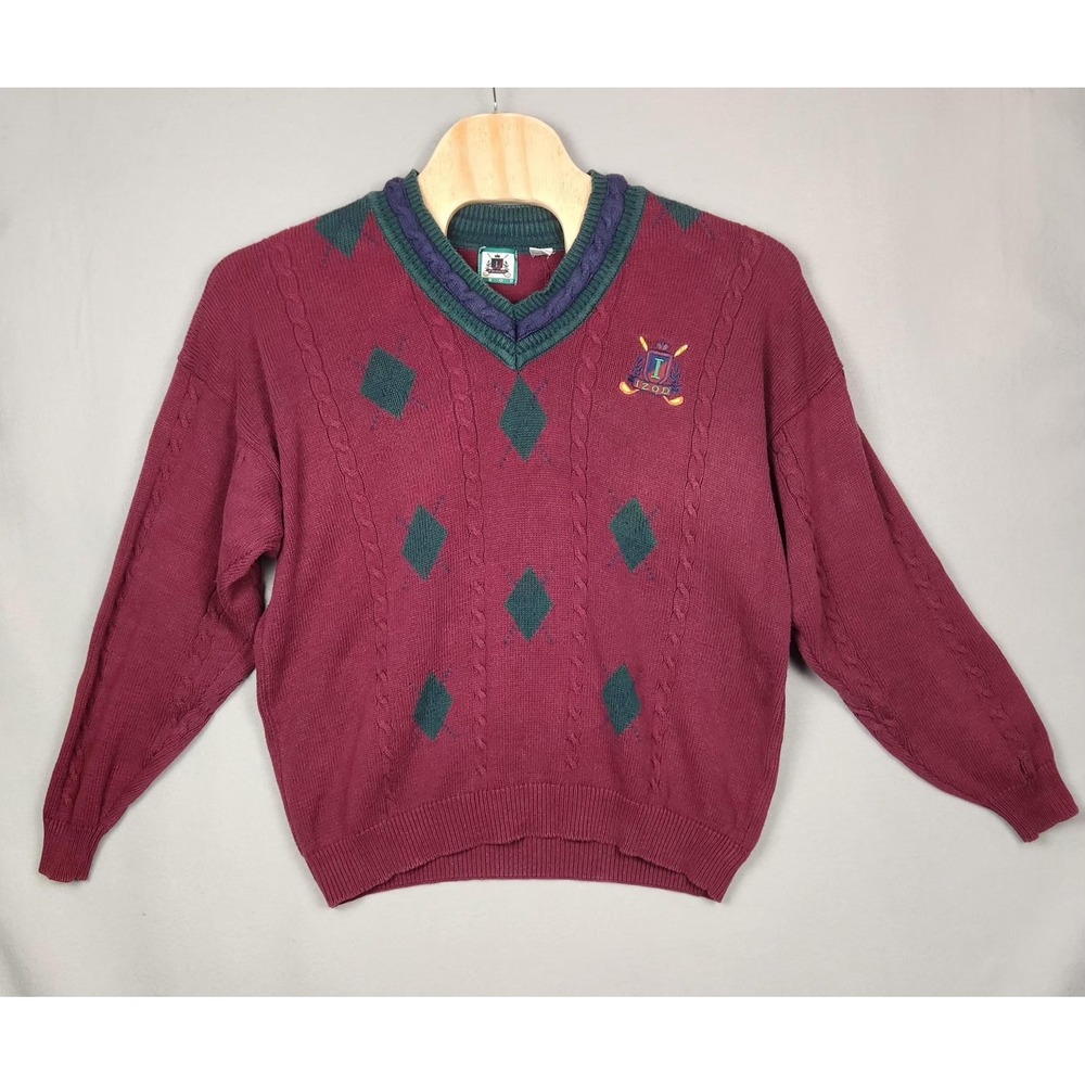 Vintage Izod Sweater Mens XL Maroon Green Argyle V Neck Crest‎ Golf 90s Cotton
